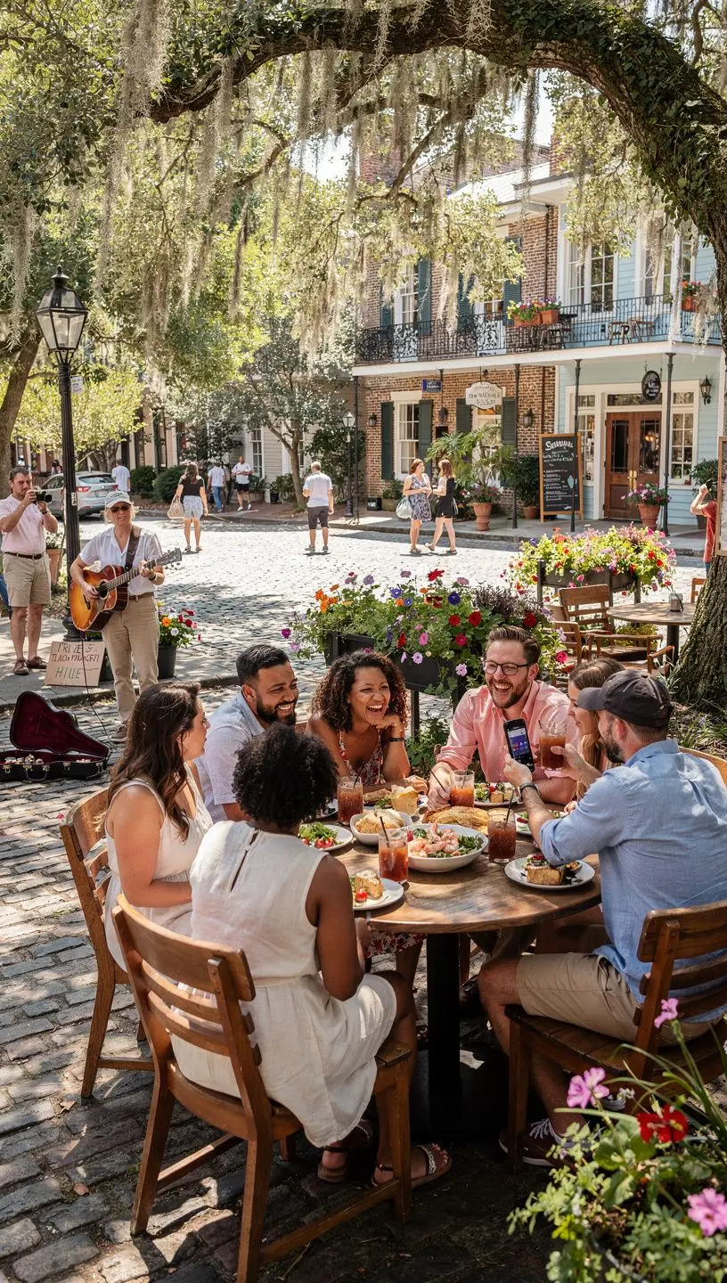 Outdoor seaside restaurant terrace with local diners enjoying fresh seafood and ocean views in a charming coastal village.